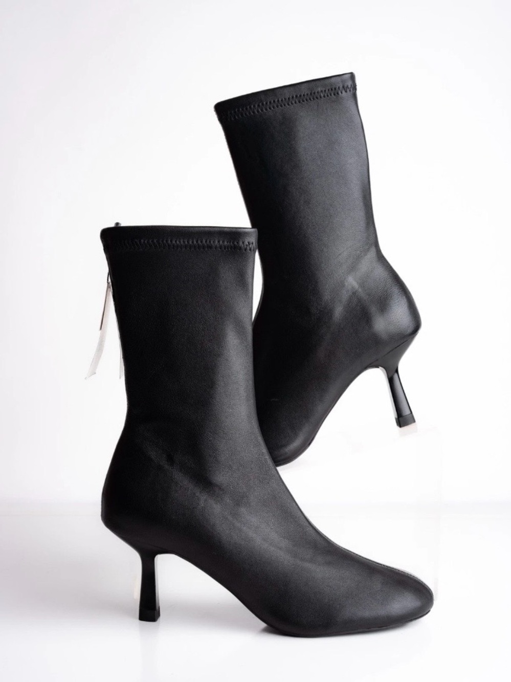 NWT Zara Soft Black Leather Mid Calf Round Toe Sock Boots Minimalist Size 6/36